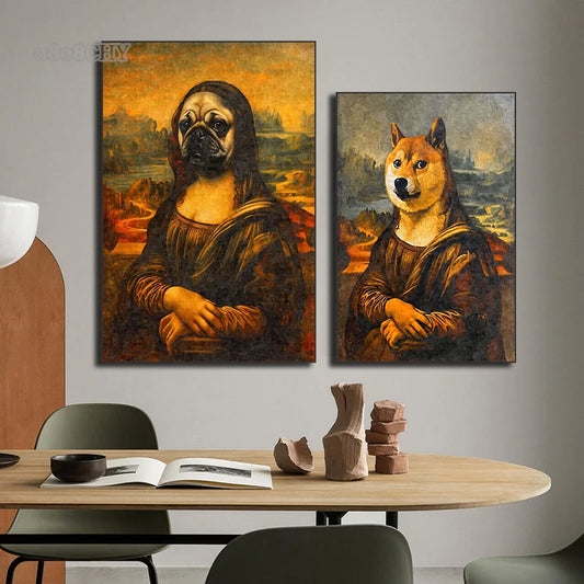 Funny Mona Lisa Dogs Portrait Canvas – Abstract Retro Wall Art for Living Room Decor