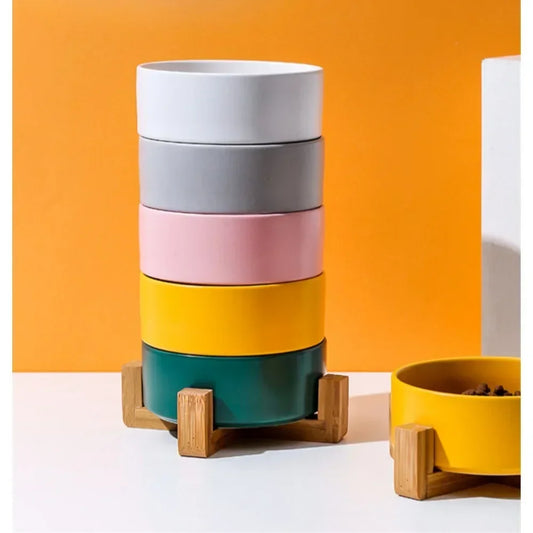 Ceramic Pet Bowl with Wooden Stand
