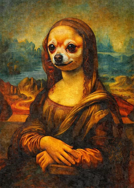 Funny Mona Lisa Dogs Portrait Canvas – Abstract Retro Wall Art for Living Room Decor