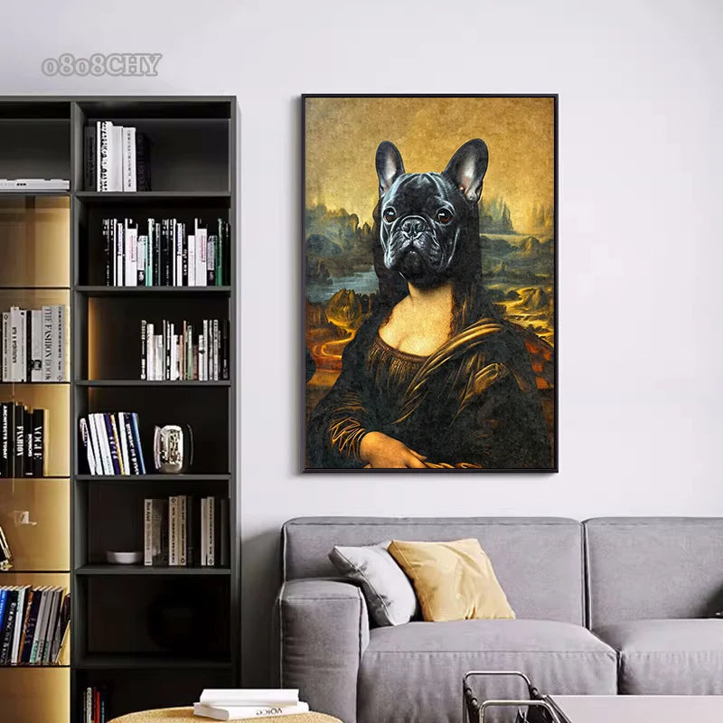 Funny Mona Lisa Dogs Portrait Canvas – Abstract Retro Wall Art for Living Room Decor
