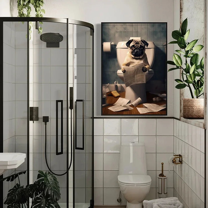 Funny Dog Toilet Reading Canvas Art