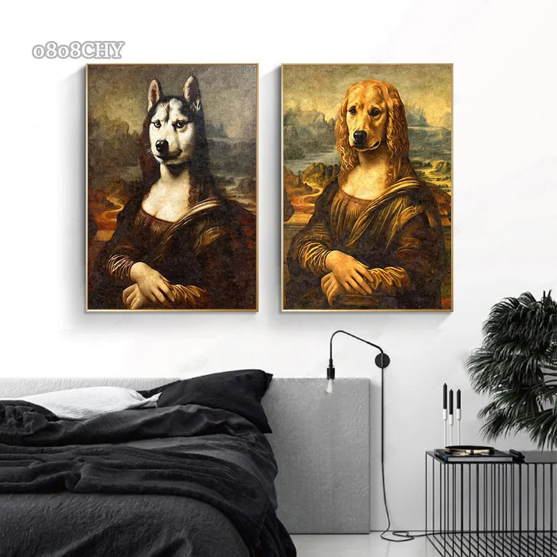 Funny Mona Lisa Dogs Portrait Canvas – Abstract Retro Wall Art for Living Room Decor