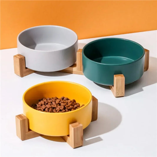 Ceramic Pet Bowl with Wooden Stand