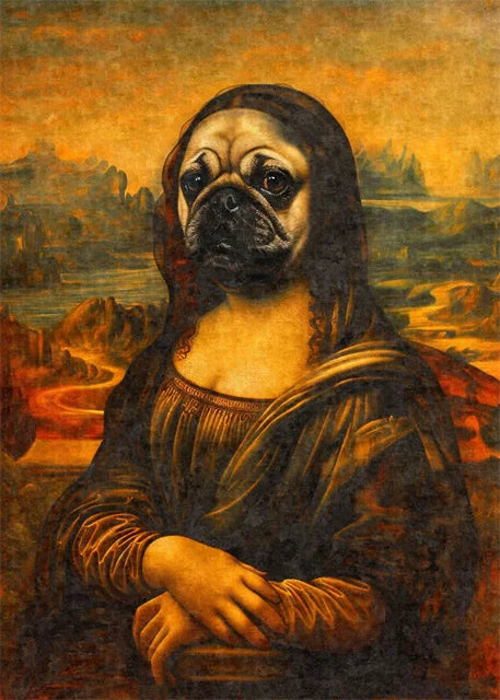 Funny Mona Lisa Dogs Portrait Canvas – Abstract Retro Wall Art for Living Room Decor