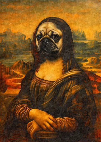 Funny Mona Lisa Dogs Portrait Canvas – Abstract Retro Wall Art for Living Room Decor