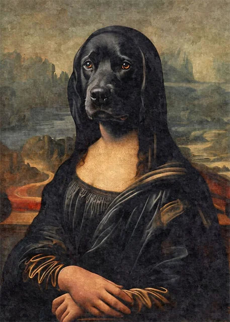 Funny Mona Lisa Dogs Portrait Canvas – Abstract Retro Wall Art for Living Room Decor