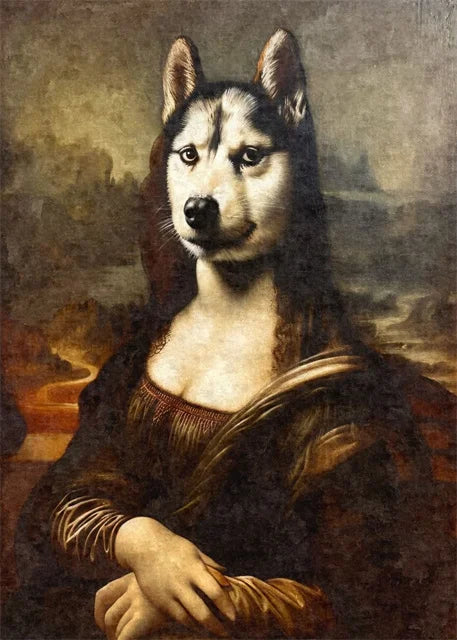 Funny Mona Lisa Dogs Portrait Canvas – Abstract Retro Wall Art for Living Room Decor