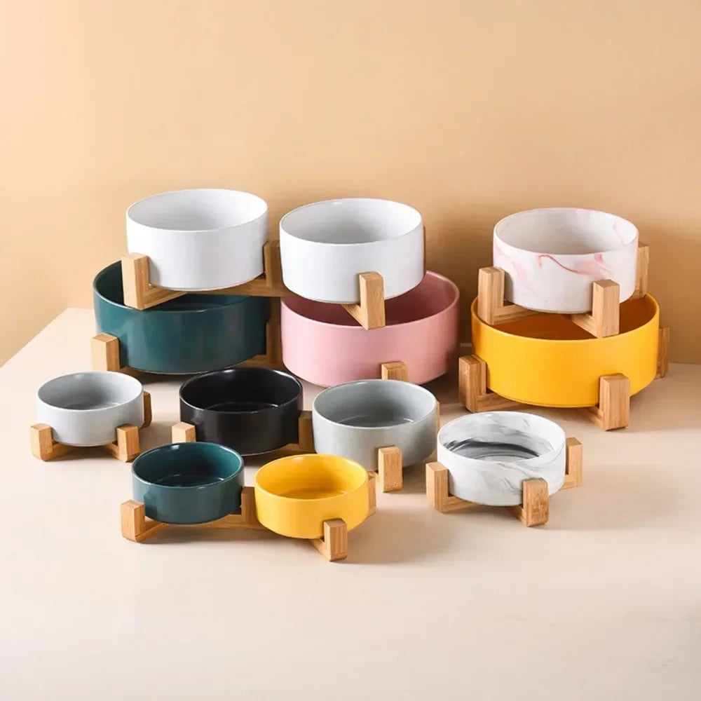 Ceramic Pet Bowl with Wooden Stand