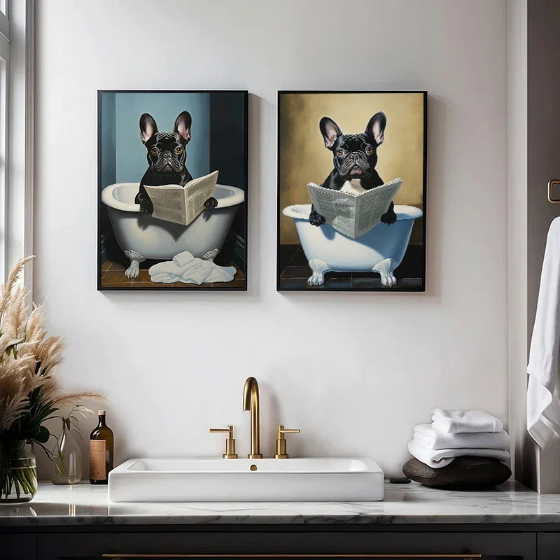 Funny Dog Toilet Reading Canvas Art