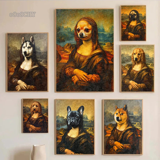 Funny Mona Lisa Dogs Portrait Canvas – Abstract Retro Wall Art for Living Room Decor