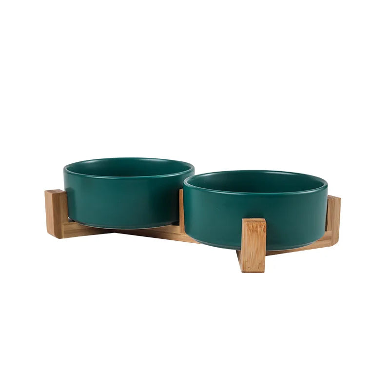 Ceramic Pet Bowl with Wooden Stand