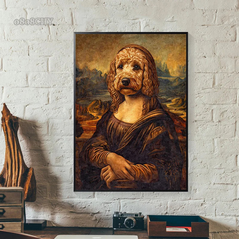 Funny Mona Lisa Dogs Portrait Canvas – Abstract Retro Wall Art for Living Room Decor