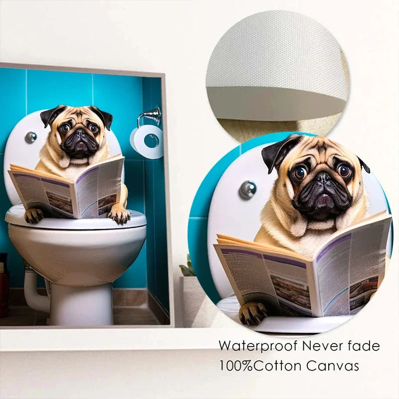 Funny Dog Toilet Reading Canvas Art