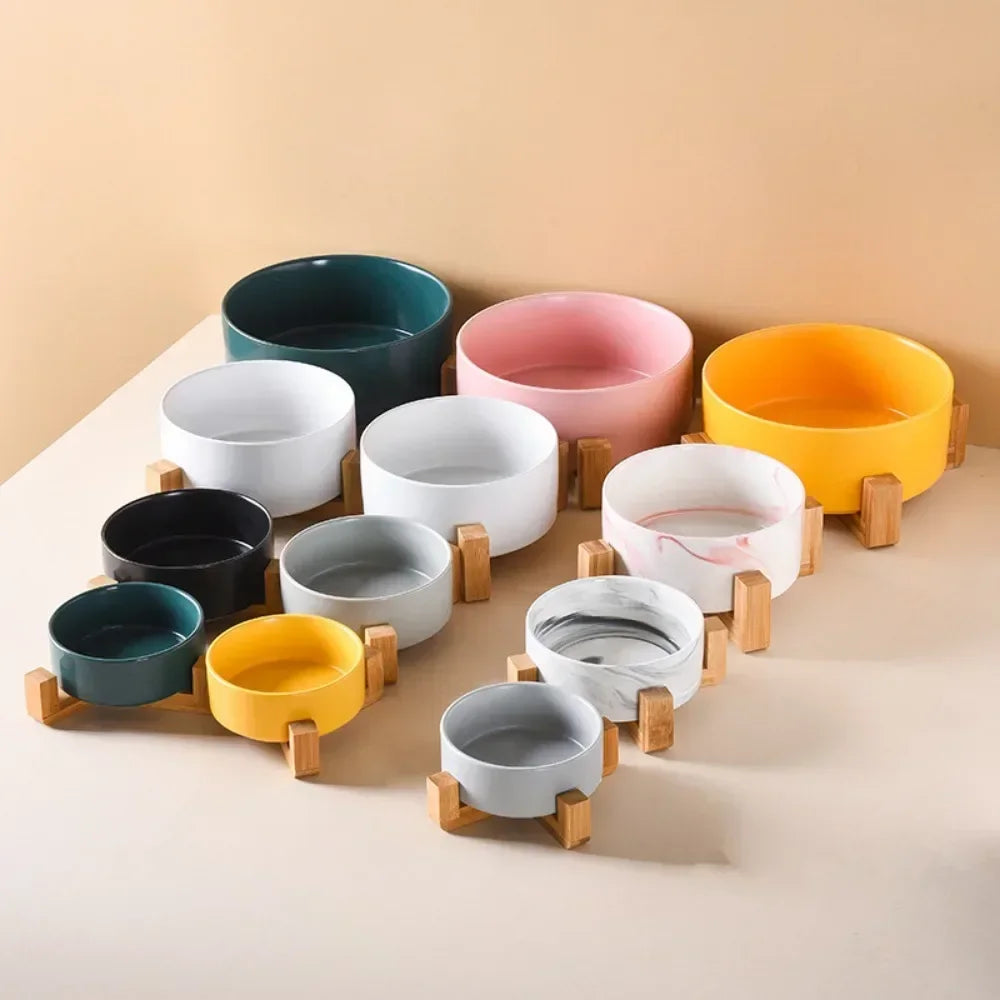 Ceramic Pet Bowl with Wooden Stand