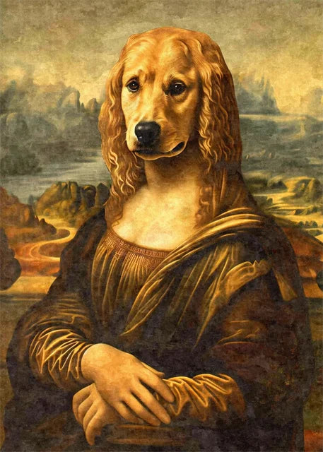 Funny Mona Lisa Dogs Portrait Canvas – Abstract Retro Wall Art for Living Room Decor